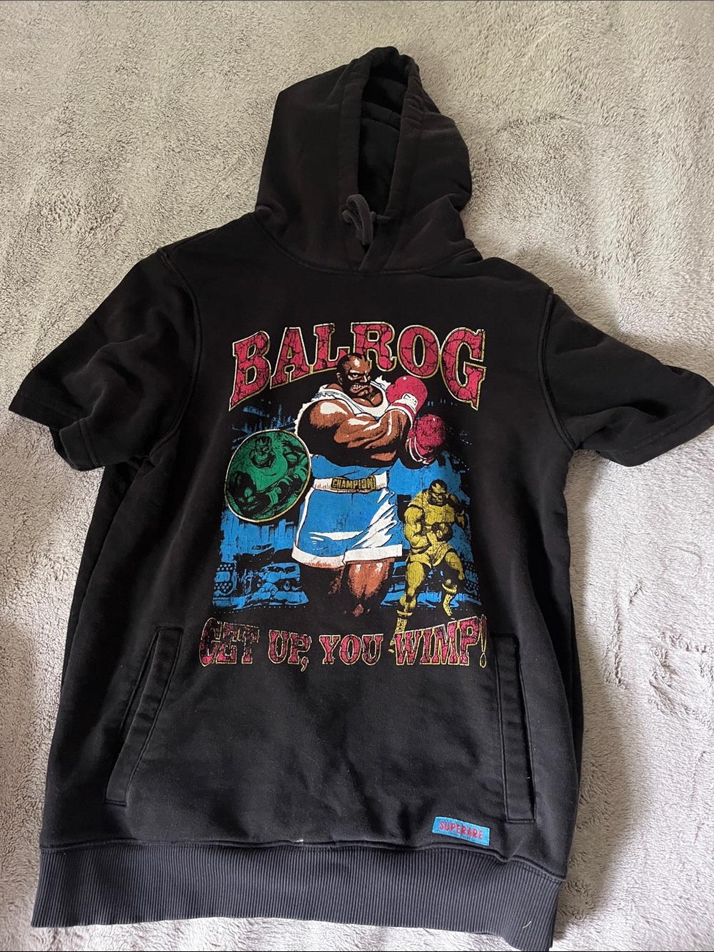 Black Balrog Graphic Pullover Hoodie with Vintage Boxing Print